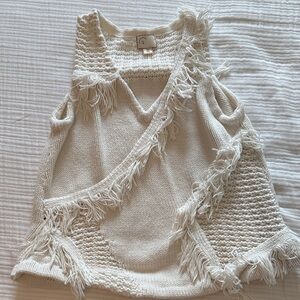 Anthropologie Cream Fringed V-Neck Top